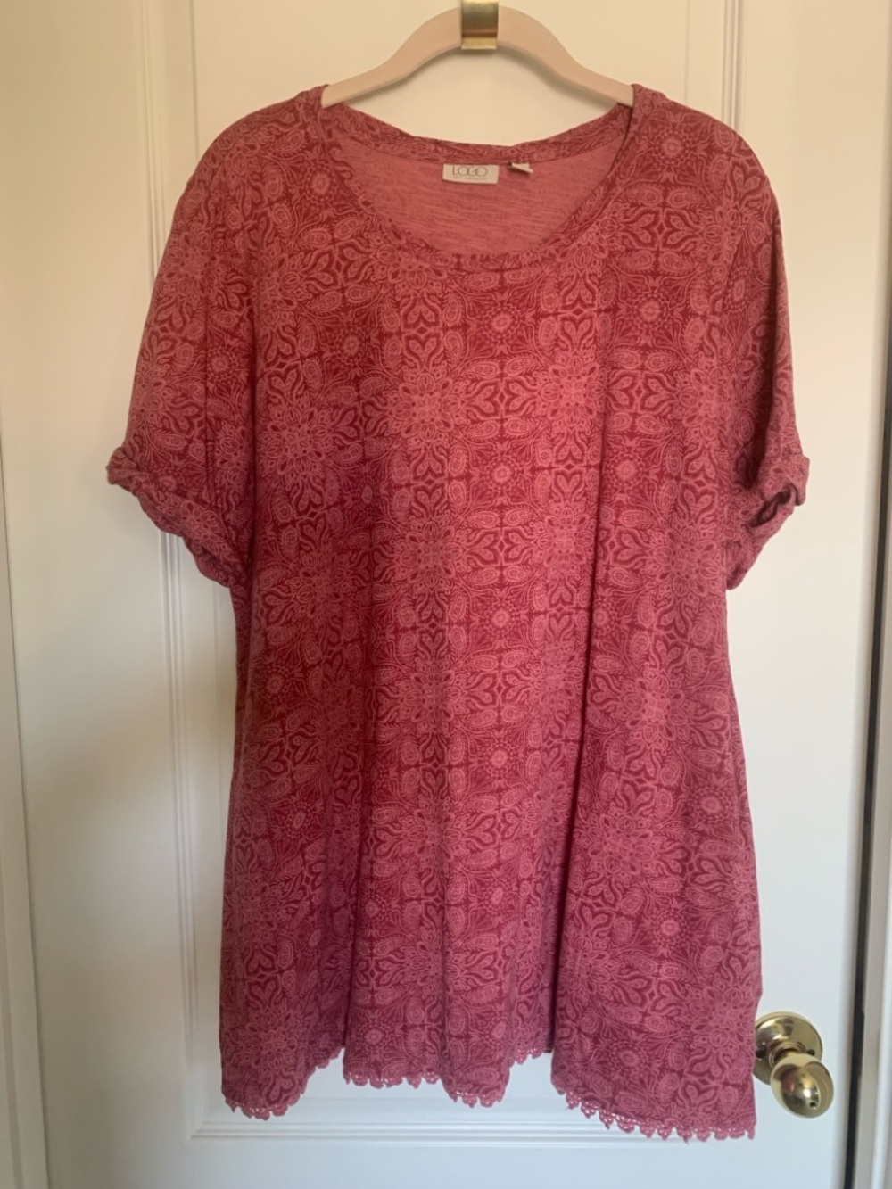 LOGO by Lori Goldstein Dusty Rose Short Sleeve Tunic with Lace Hem - Heart Theme